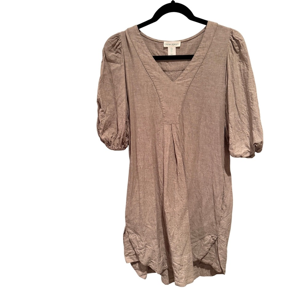 Cynthia Rowley Linen/Viscose Puff Sleeve V-Neck Dress Lagenlook Boho Earthy‎ - Picture 2 of 5
